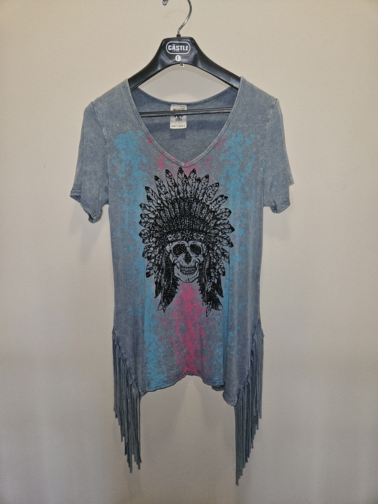 Vocal Tops - Vocal Blue Fringe Short Sleeve Tee with Pink & Teal Splatter
